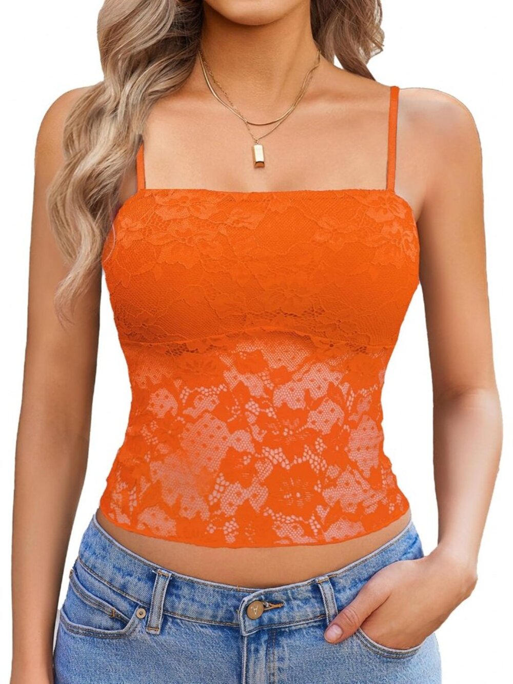 Women's Orange Floral Mesh Lace Crop Camisole Lined Bust Sheer Summer Tank Top